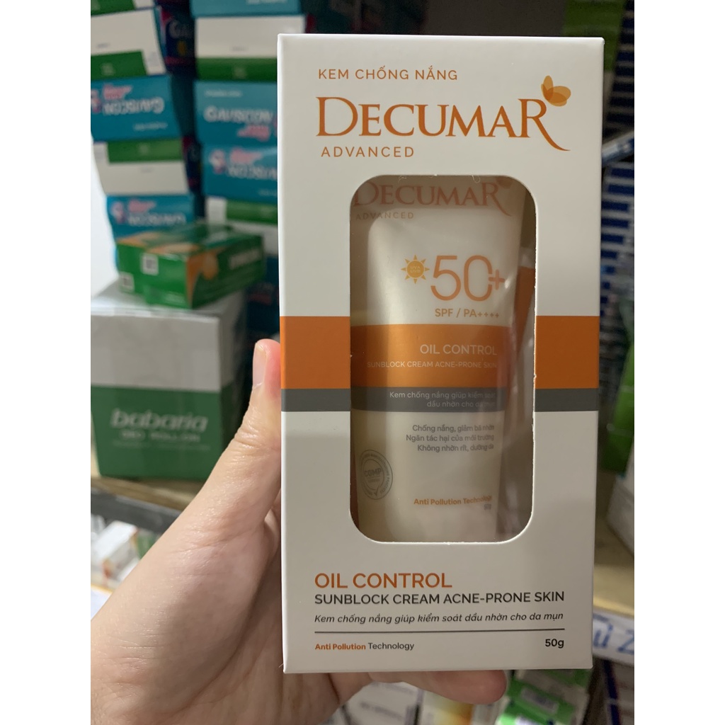 Kem Chống Nắng Decumar Advanced Sunblock SPF50 + kiểm soát nhờn nâng tone cho da mụn 50g