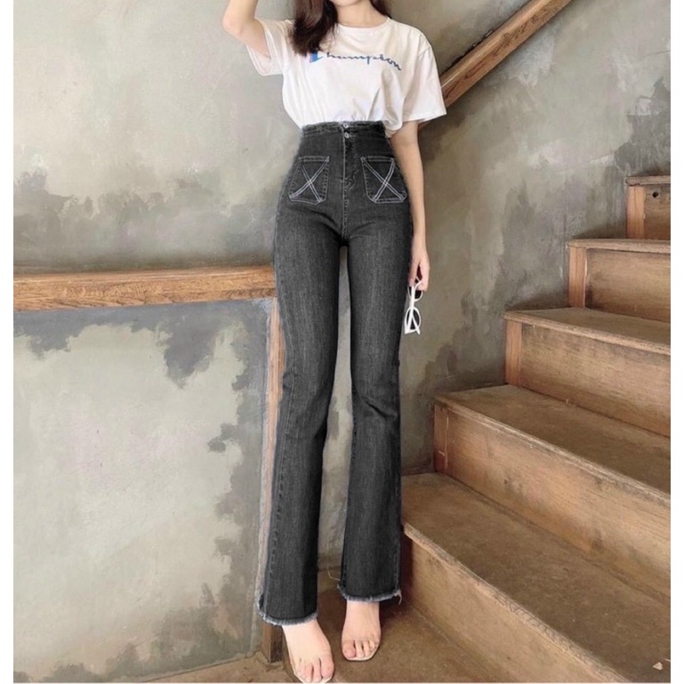 Quần Jean Nữ Aiori Ống Loe Lưng Cao Màu Xám Lai Tua Túi Chéo Kiểu Quần Bò Bass Trơn Dáng Dài Vải Co Giãn Cao Cấp