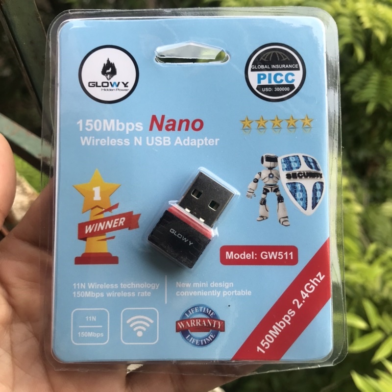 Bộ Đầu USB Thu Bắt Sóng Wifi Không Dây Cho Máy Tính Bàn Laptop PC Glowy USB Nano 2.4Ghz 801 N 150Mgbs GW511