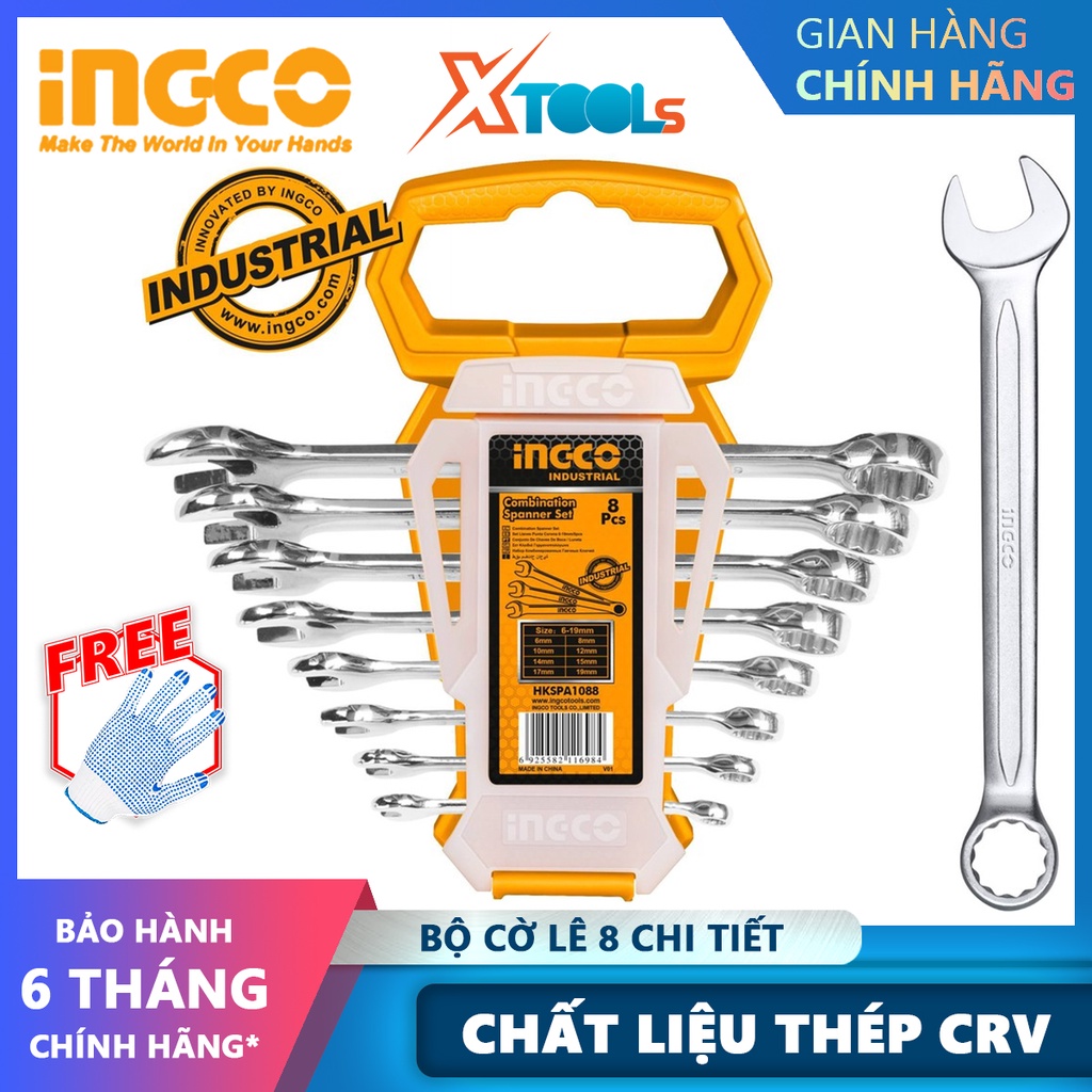 Bộ cờ lê vòng miệng 8 chi tiết INGCO HKSPA1088-I | Bộ 8 cờ lê vòng miệng kích thước 6-19mm (6mm,8mm,10mm,13mm,14mm,15mm,