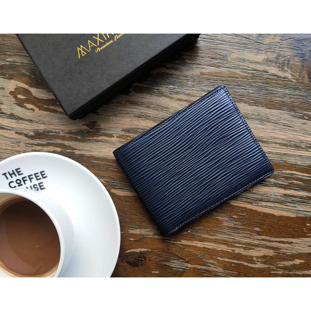 - VÍ NGANG EPI XANH NAVY/ XANH TÍM THAN DA BÒ THẬT 100%  - Có Video Quay Sp Thật