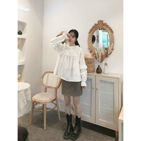 Áo sơmi Babydoll tay dài Màu trắng dáng babydoll không kén dáng với chất vải kate xô mát form chuẩn phong cách hàn quốc