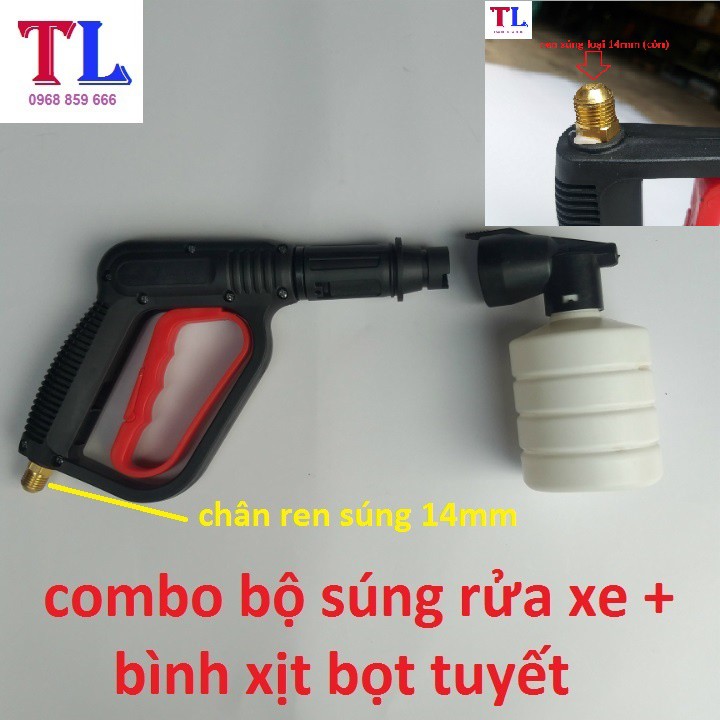 Súng Xịt Rửa Xe Áp Lực Cao Và Bình Phun Bọt Tuyết (cò đỏ ren 14mm + bình 0,5 lít)