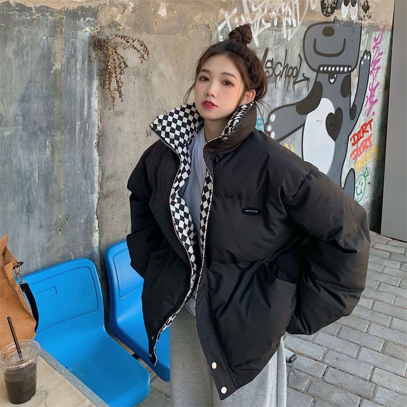 Áo Khoác Phao Béo, Áo Khoác Nữ Có Cổ Kẻ Caro Phong Cách Ulzzang Hàn Quốc Phồng Dày Siêu Đẹp