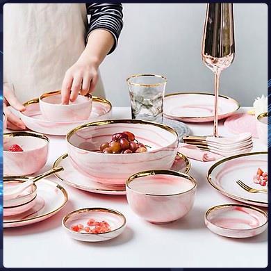 Set bát đĩa 32 món vân đá cẩm thạch, bộ bát đĩa trắng hồng viền vàng cao cấp, sang trọng ,