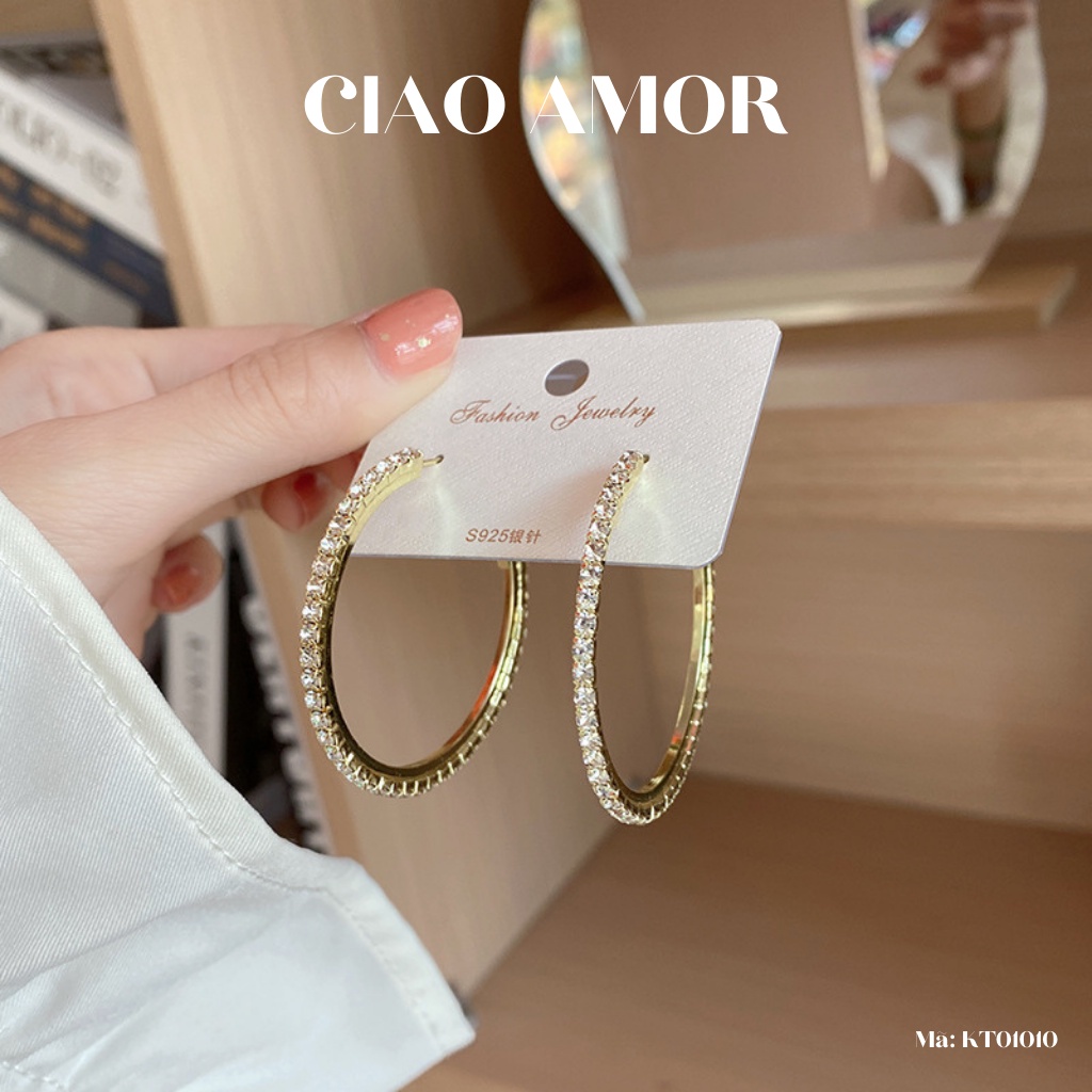 Khuyên tai nữ, Bông tai tròn to đính đá Trang sức ciao Amor - KT0110