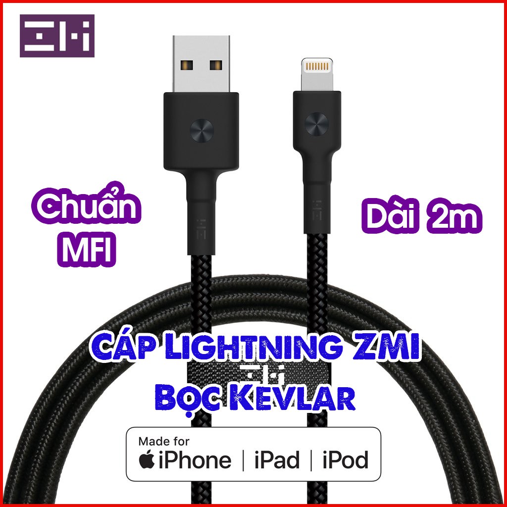 Cáp lightning ZMI AL881 /AL833 ( Dài 2m- Chuẩn MFI dây bọc sợi KEVLAR )