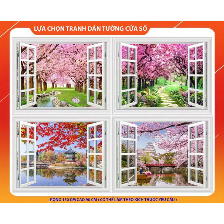 Tranh dán tường vải lụa phủ kim tuyến in hình cửa sổ 3D Kích thước 150 x 90 con đường hoa anh đào