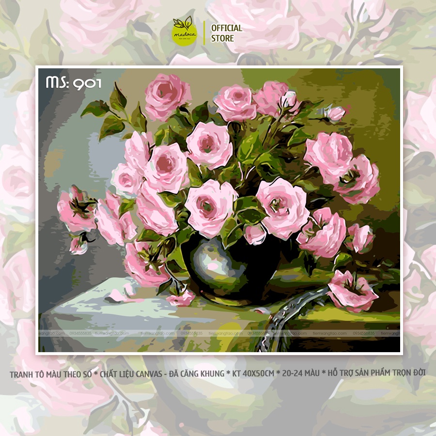 Tranh tô màu theo số hóa Madoca có khung 40x50cm Hoa hồng phấn T901