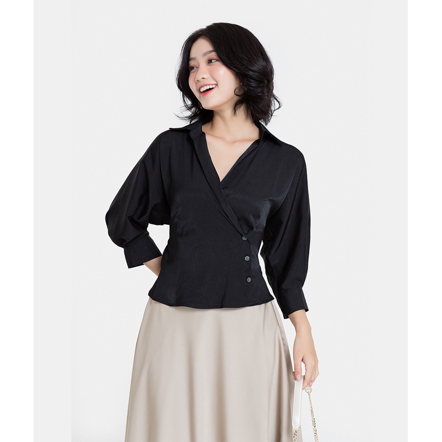 Áo Sơmi Nữ Thời Trang HNOSS Cổ Đắp Vạt Tay Dài ASM009