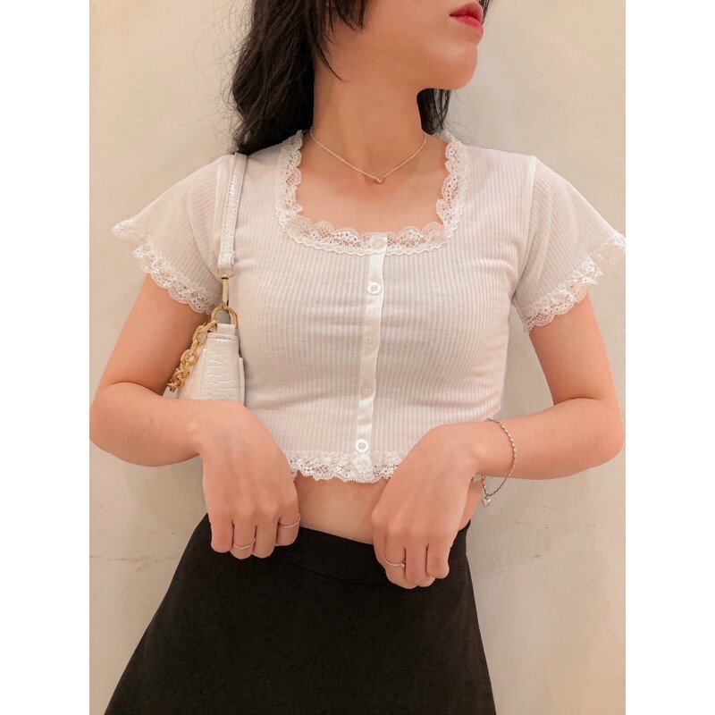 Áo croptop nút viền ren 🤍 ACON 216, thun gân nhỏ mịn co giãn áo kiểu nữ bánh bèo cute girl swag style công chúa Ulzzang