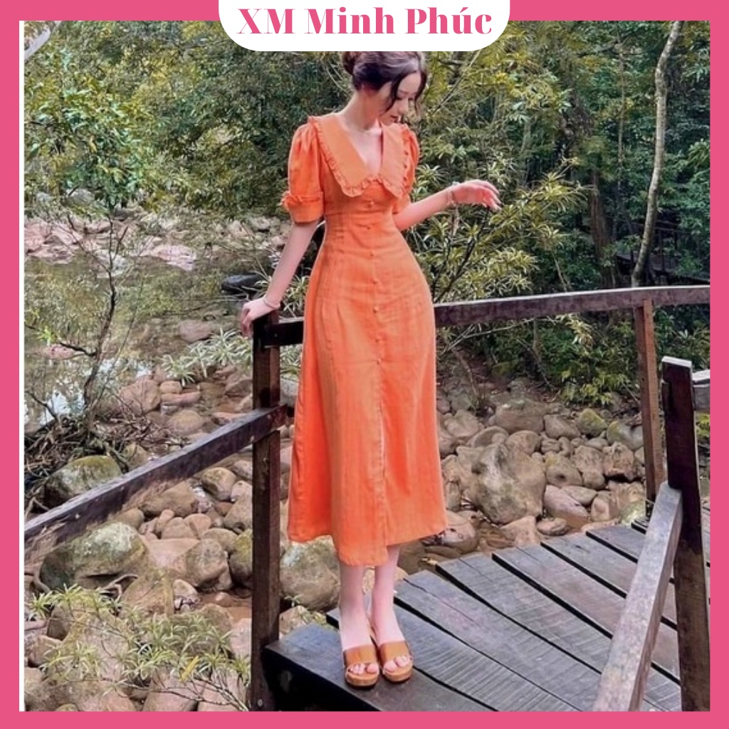 Maxi đi biển dự tiệc,váy đầm maxi dáng dài xẻ tà cổ tim tay phồng Tiểu thư sang chảnh Quyến Rũ Thời Trang XM Minh Phúc