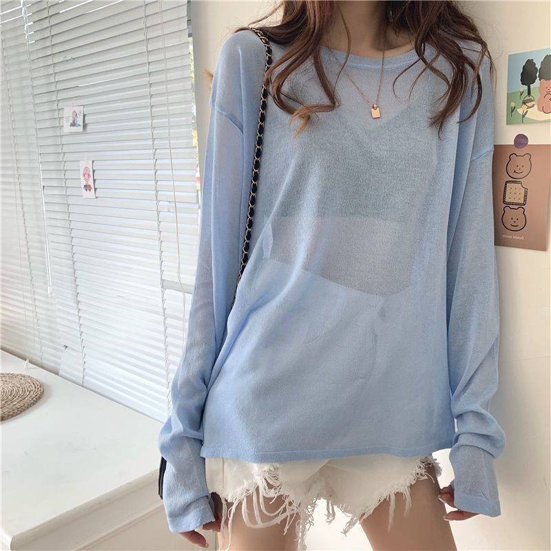 Mesh sunshine shirt top summer new Korean loose lace long sleeve T-shirt female shirt