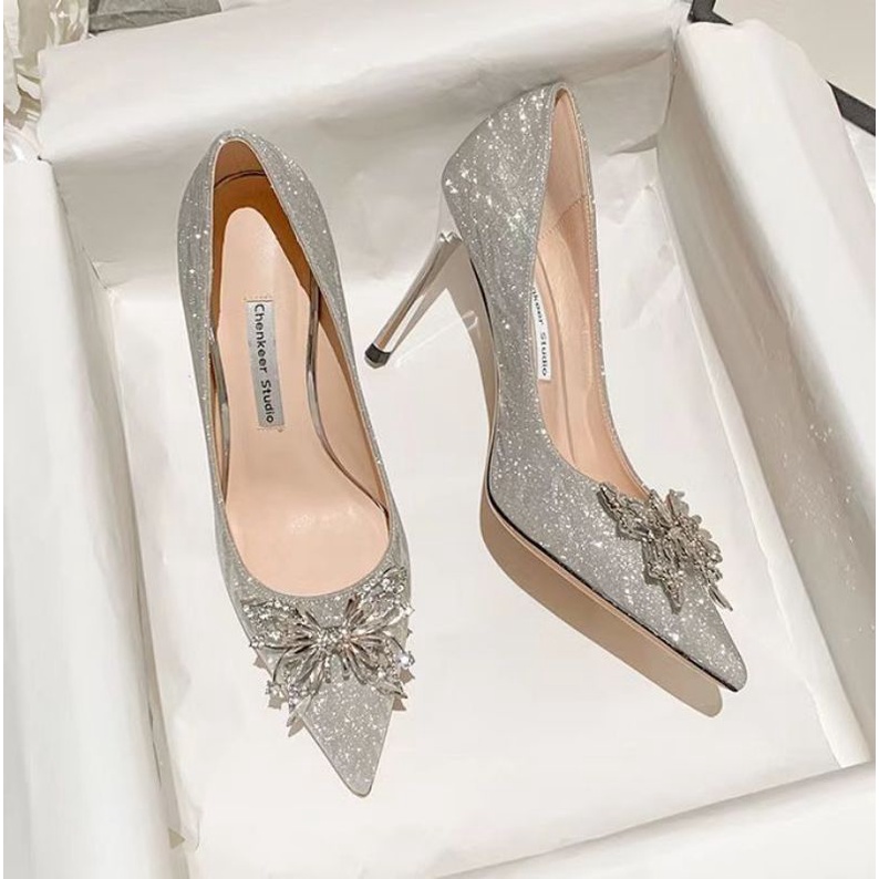 x Giày Cưới Cao Gót 9p Nơ Đá Hàng Xịn Mềm Êm Fullbox Cao Cấp