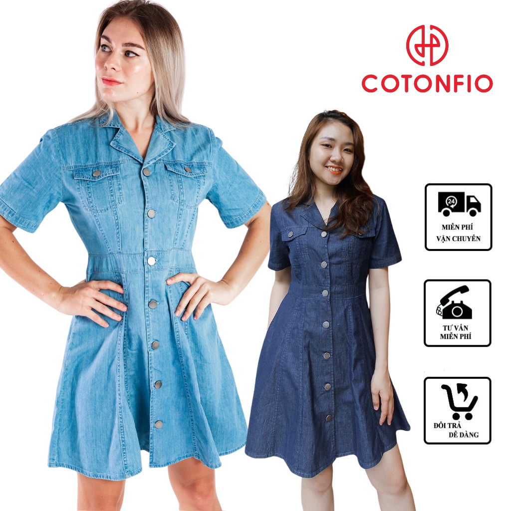 Áo Đầm Jean Váy Jean Công Sở COTONFIO 8052 Đầm Jean cổ bẻ kín đáo phù hợp mặc những nơi lịch sự