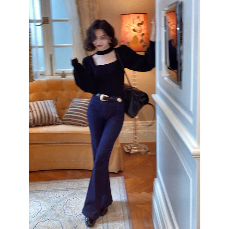 QKOOLE  Áo dệt kim cổ vuông màu đỏ/ đen phong cách Hàn Quốc thời trang cá tính cho nữ