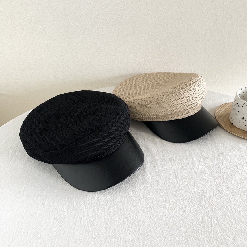 Mũ beret nữ thời trang có vành da Pu kết hợp vải cotton họa tiết sọc xương cá lấp lánh 3 màu