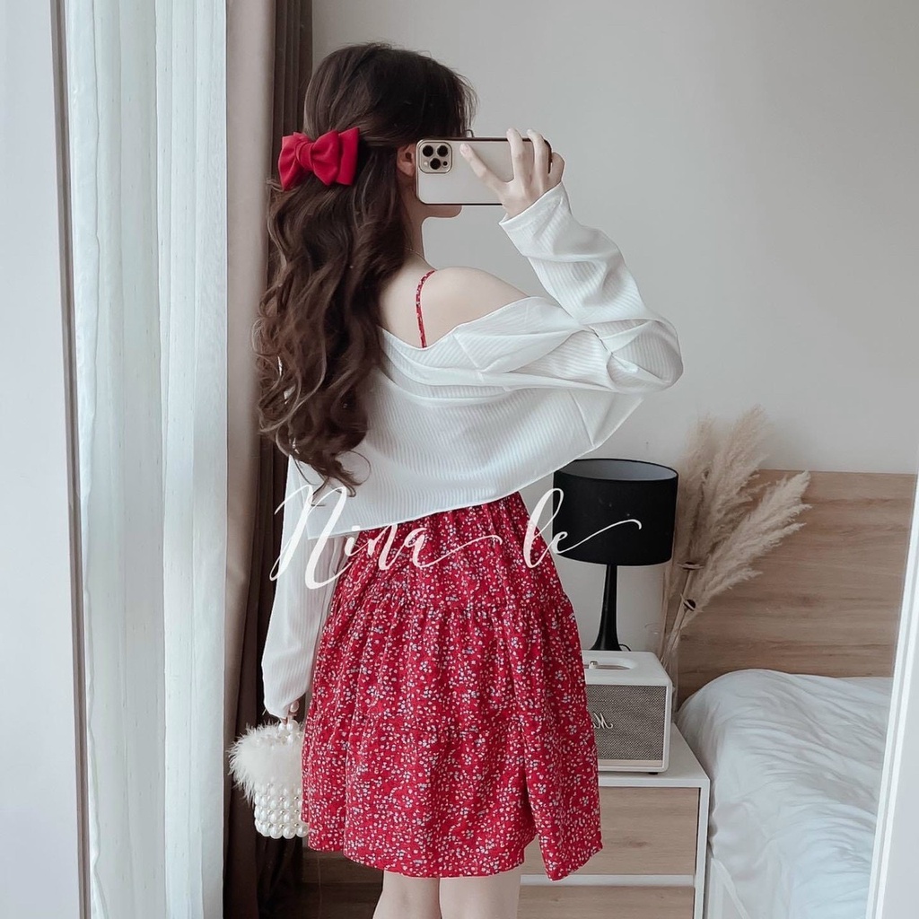 Đầm váy nữ dự tiệc 2 dây màu đỏ tôn da siêu xinh họa tiết hoa kèm áo khoắc ( có mút ngực ) phù hợp dạo phố, đi biển