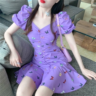 [M-2xl]❤️Retro Thời Gian Bướm In Màu Tím Đầm Nữ Mùa Hè Phiên Bản Hàn Quốc Nẹp Xếp Ly Xương Đòn Puff Tay Đầm Chữ A Váy Hợp Thời Trang