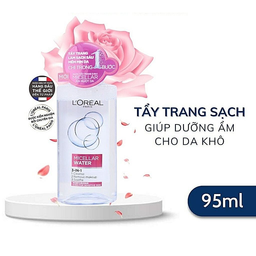 Nước Tẩy Trang L'Oreal Paris Cho Mọi Loại Da 3-in-1 Loreal Micellar Water-Moisturizing,Màu Hồng 95Ml