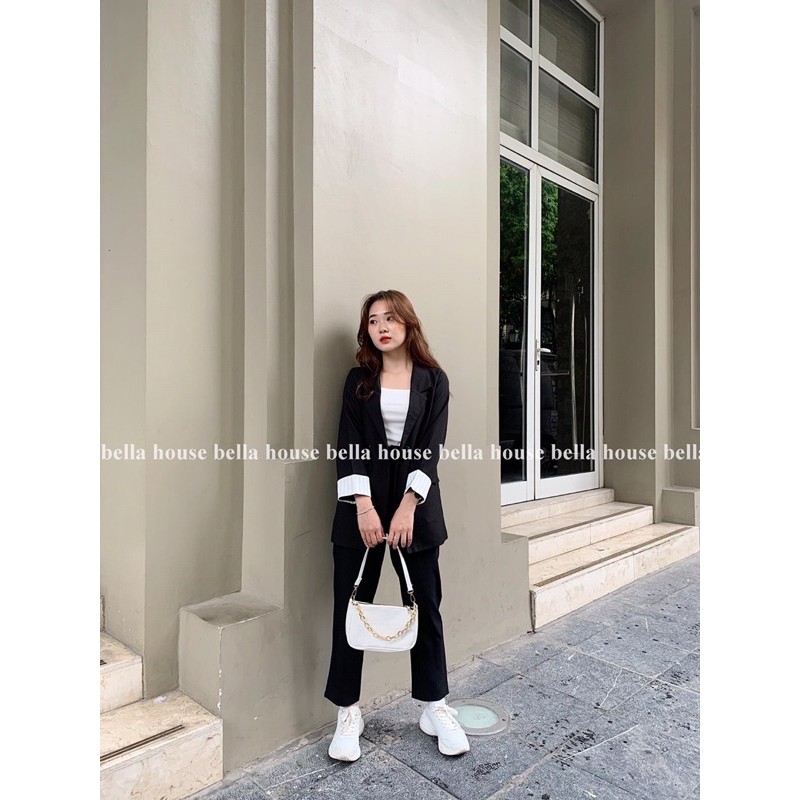 Áo blazer tay phối kẻ. | BigBuy360 - bigbuy360.vn