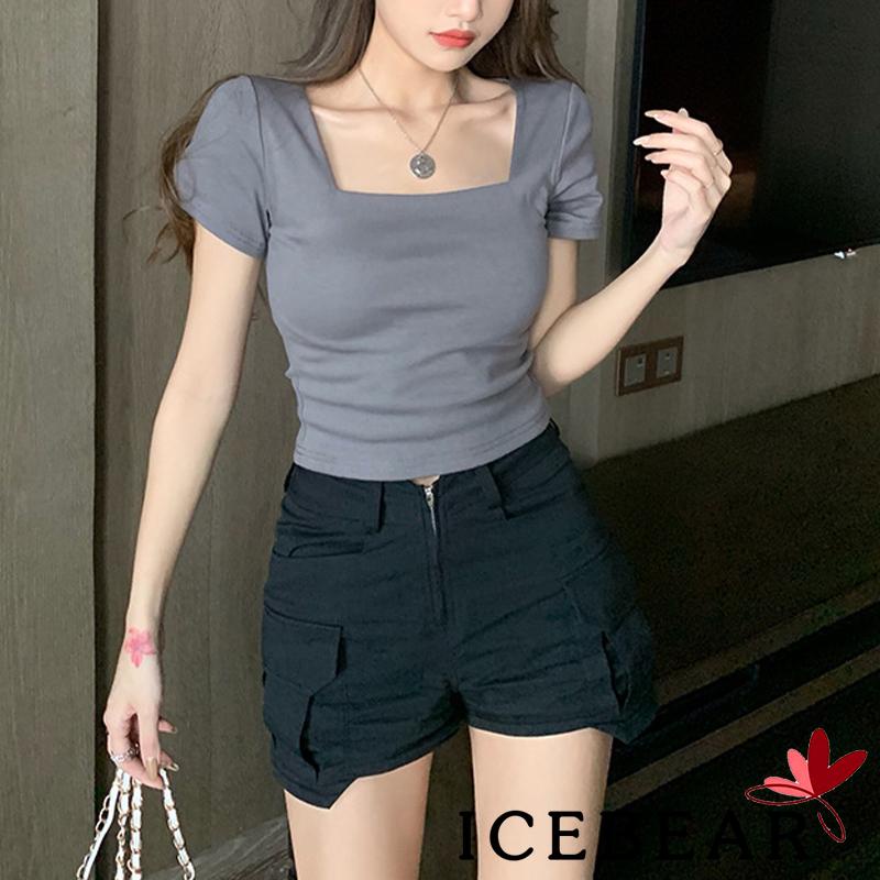 Áo Thun Crop Top Tay Ngắn Cổ Vuông Màu Sắc Đơn Giản Dành Cho Nữ