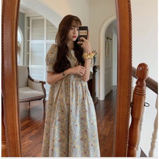 Đầm bầu hoa nhí ❤️ Váy bầu thời trang mùa hè thiết kế cổ tròn hoa vàng chất lụa hàn freesize từ 45 đến 70kg