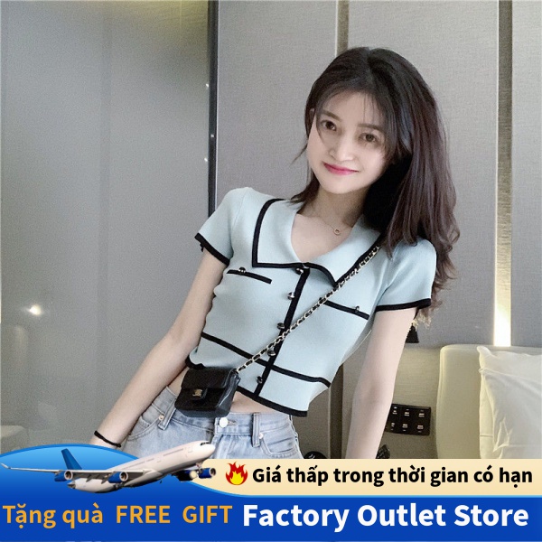 Summer retro lapel personality temperament button hit color knit sweater ice silk slim short cropped short-sleeved T-shirt