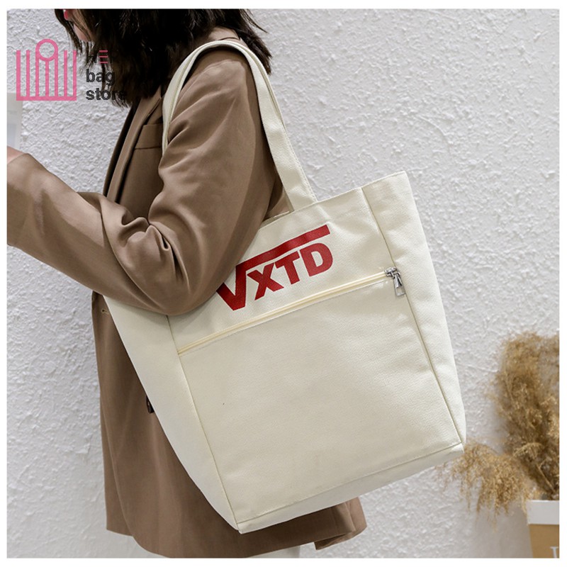 Túi tote đeo vai giá rẻ vải canvas mềm trơn đẹp đi học phong cách Nhật Bản có túi phụ nhỏ bên ngoài