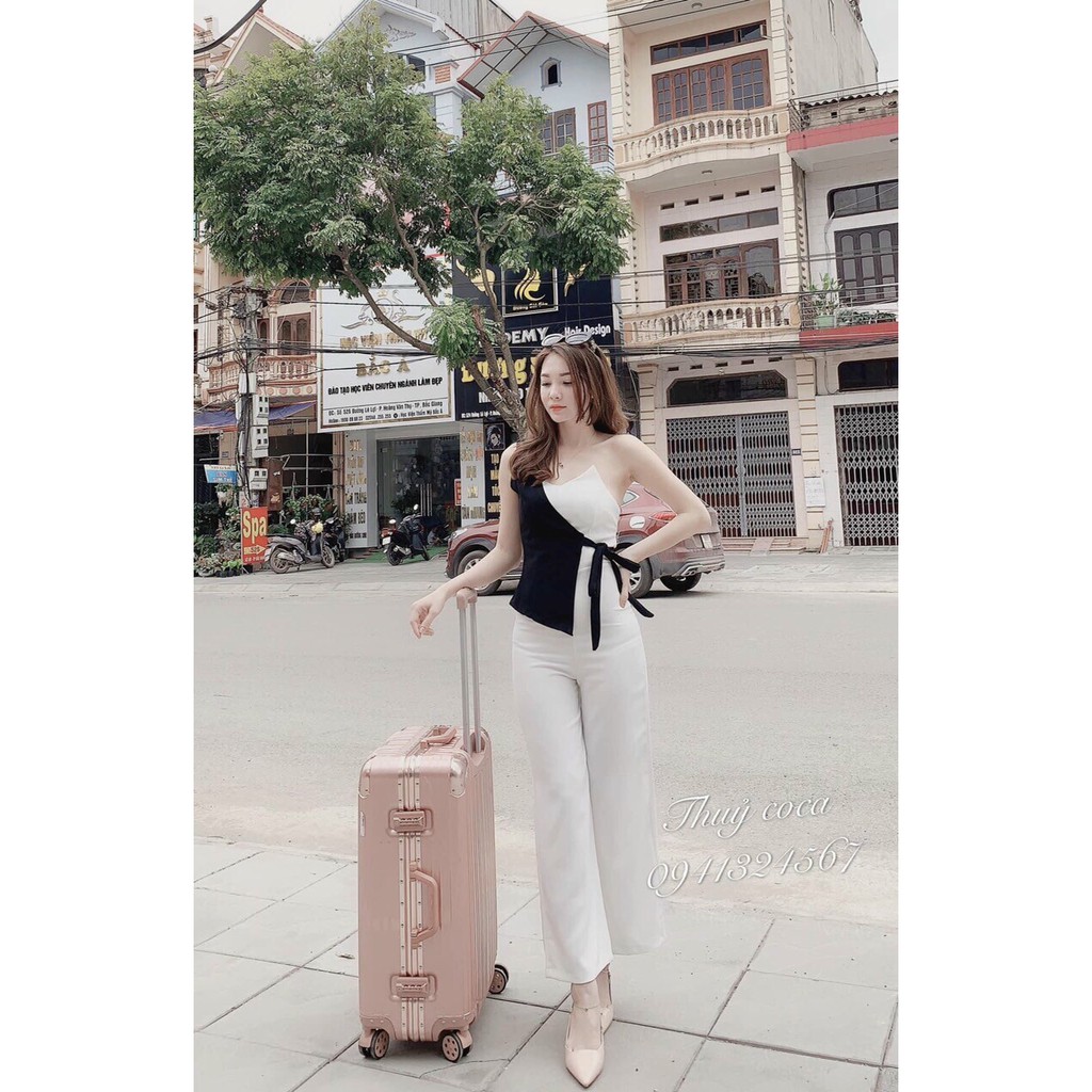 Jumpsuit Hai Dây Hở Phối Aó Cột Nơ Lưng Gợi Cảm Dành Cho Nữ