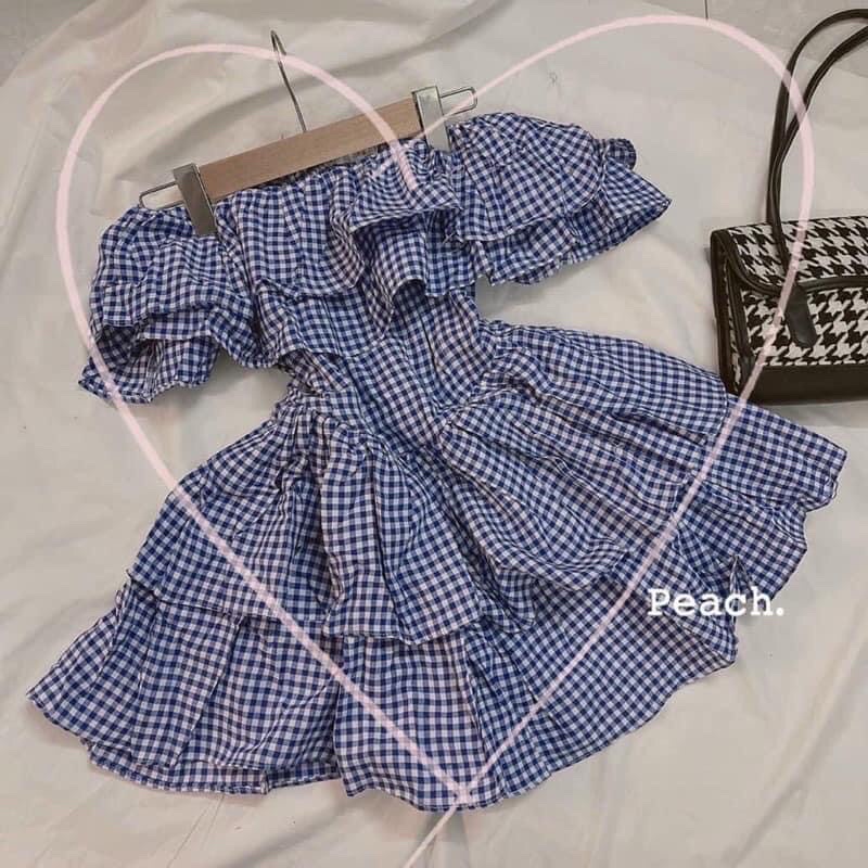 Đầm trễ vai kẻ caro, Váy trễ vai 2 tầng xanh có quần bảo hộ tiểu thư ulzzang Maitrangshop92 (TTA97)
