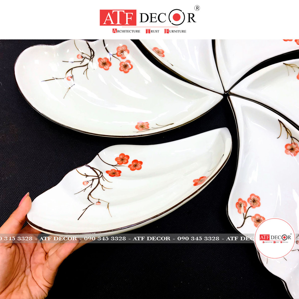 [SET CÁNH TIÊN] Bộ bát đĩa men kem Bát Tràng cao cấp 5 cánh hoa vẽ hoa đào đỏ-ATF Decor