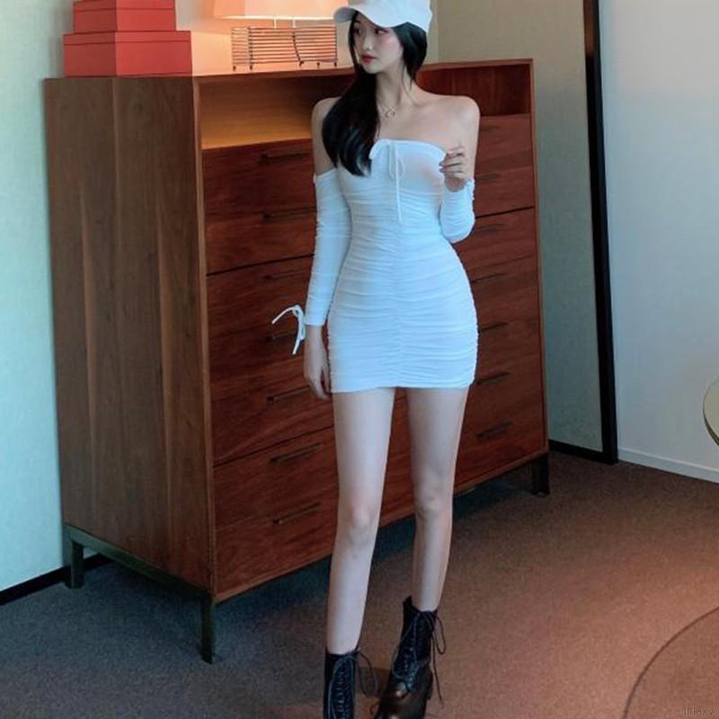 Đầm Trễ Vai Màu Trơn Phong Cách Hàn Quốc Quyến Rũ