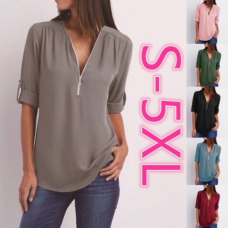 Áo sơ mi chiffon cổ V tay dài dáng rộng có khóa kéo thời trang cho nữ
