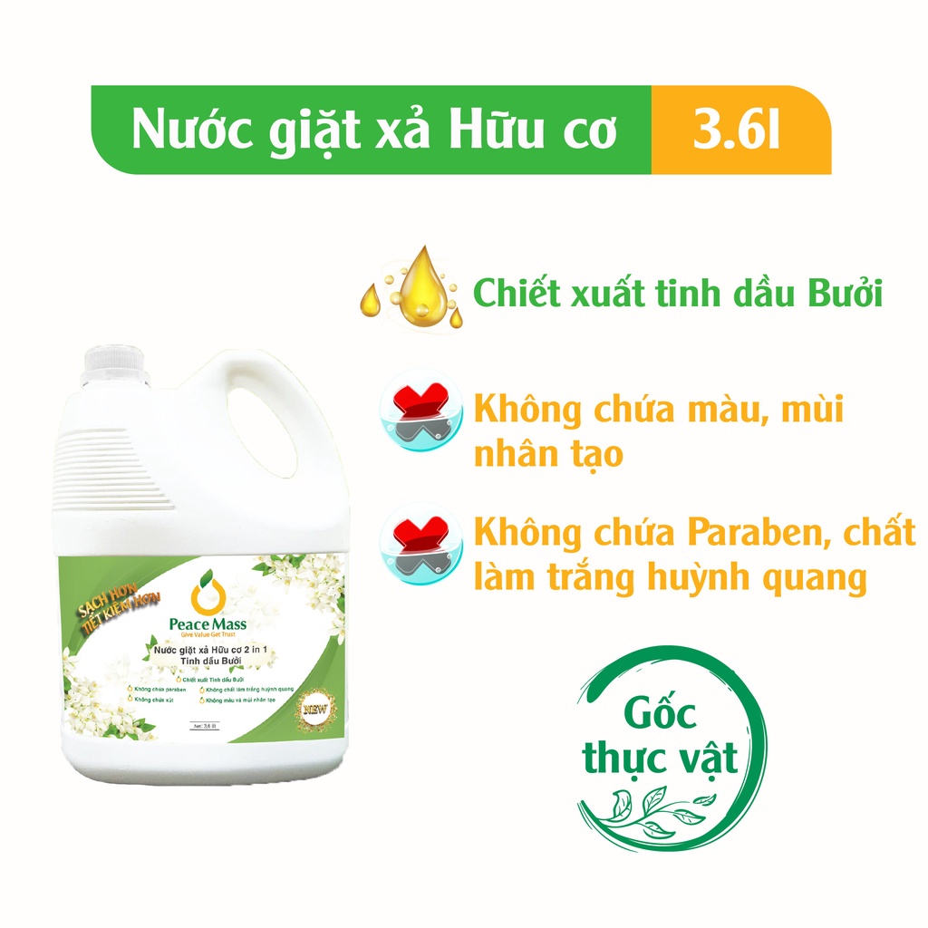 [Mã BMBAU50 giảm 10% đơn 99k] Nước Giặt Xả Hữu Cơ Peace Mass 2in1 3.6 lít Đánh Bay Vết Bẩn Cứng Đầu