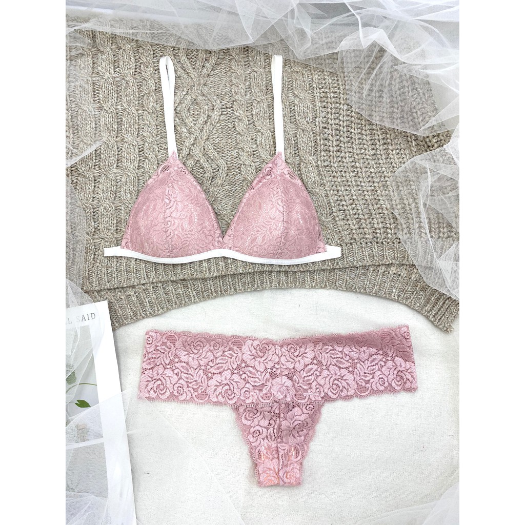 Đồ lót nữ màu hống phấn vải ren cao cấp thoáng khí nguyên set gồm áo + quần BRAHY 107