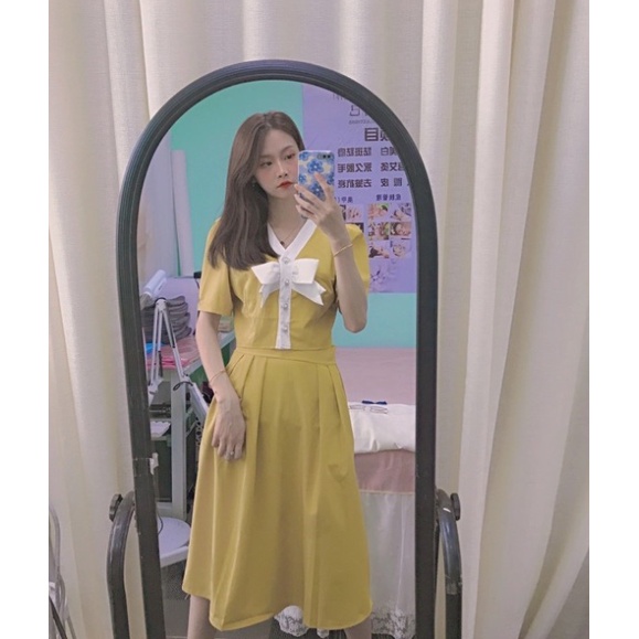 Set áo nơ cúc ngọc tay bồng croptop và chân váy xoè dáng dài cạp cao tiểu thư Vintage