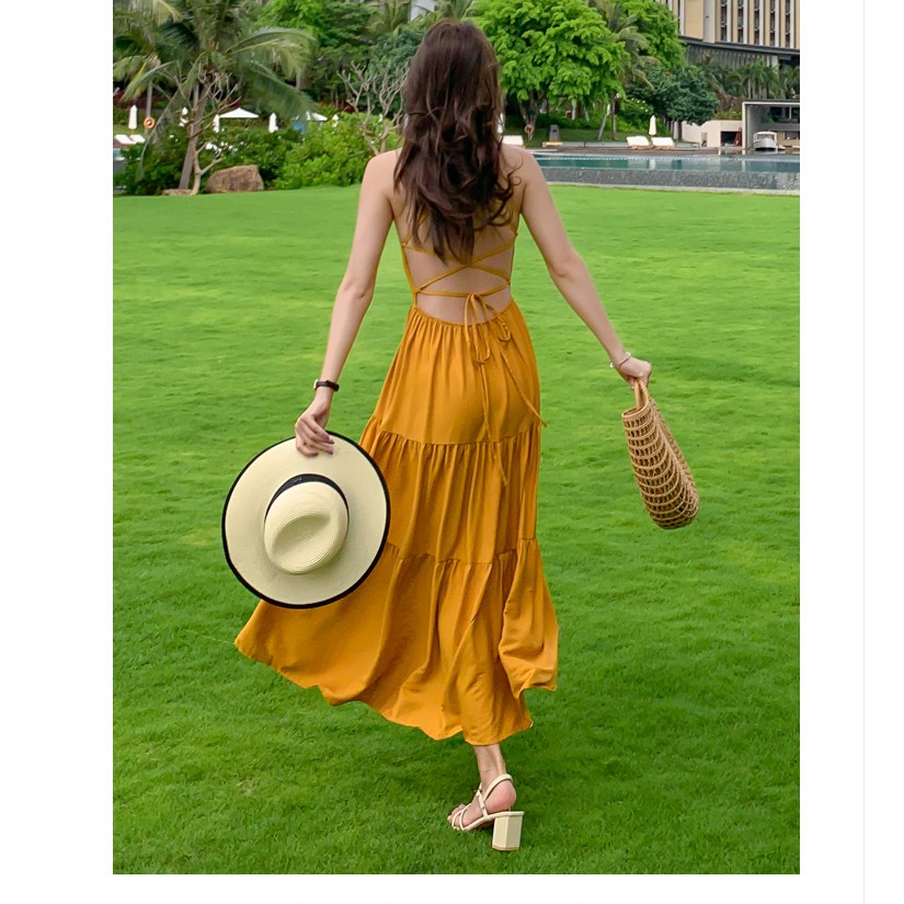 [Có Sẵn S, M] [Ảnh Thật] Váy Maxi vàng 2 dây đan lưng đi biển siêu hot | BigBuy360 - bigbuy360.vn
