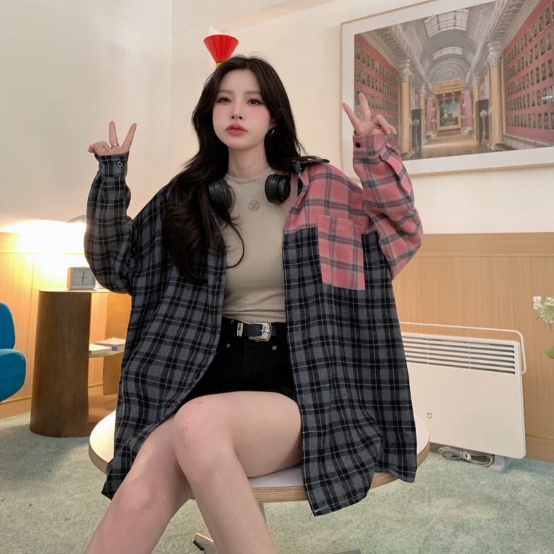 SUXI Áo Sơ Mi Caro Tay Dài Dáng Rộng Phong Cách Vintage Cho Nữ