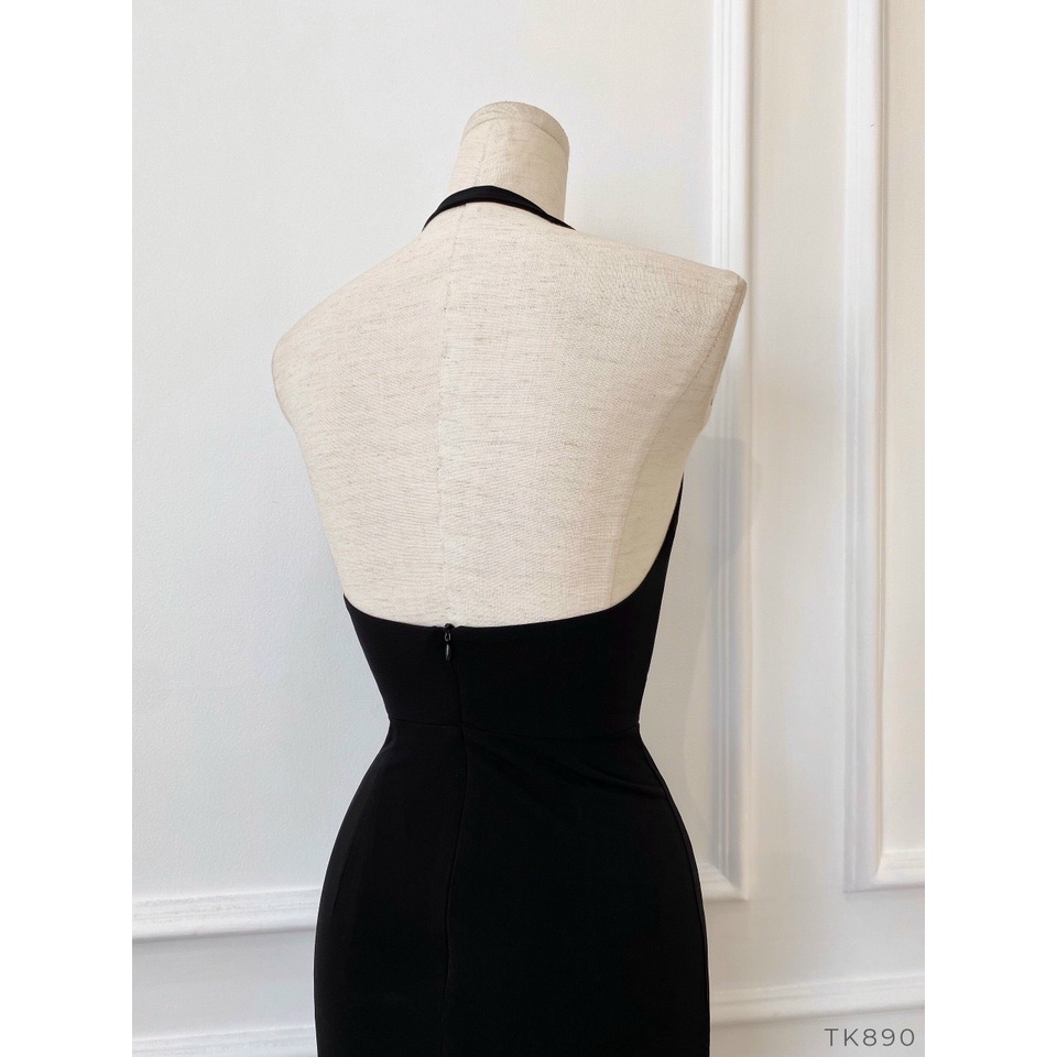Đầm thun nữ ôm dài đuôi cá hở lưng, đầm yếm midi trễ ngực màu đen NPDAM017