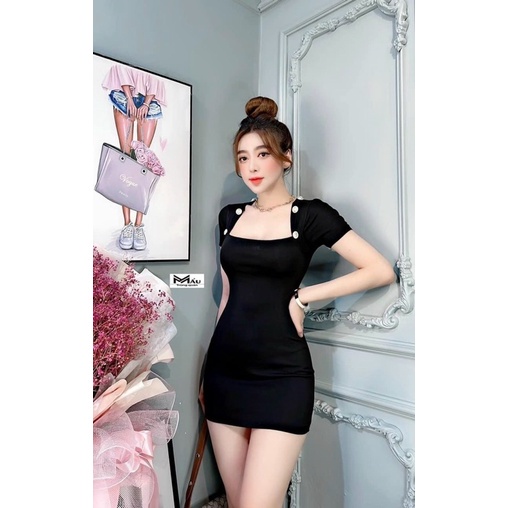 Váy body cổ vuông cúc dáng ngắn sexy,có 2 màu đen nâu ,BIGGSIZE, cao cấp