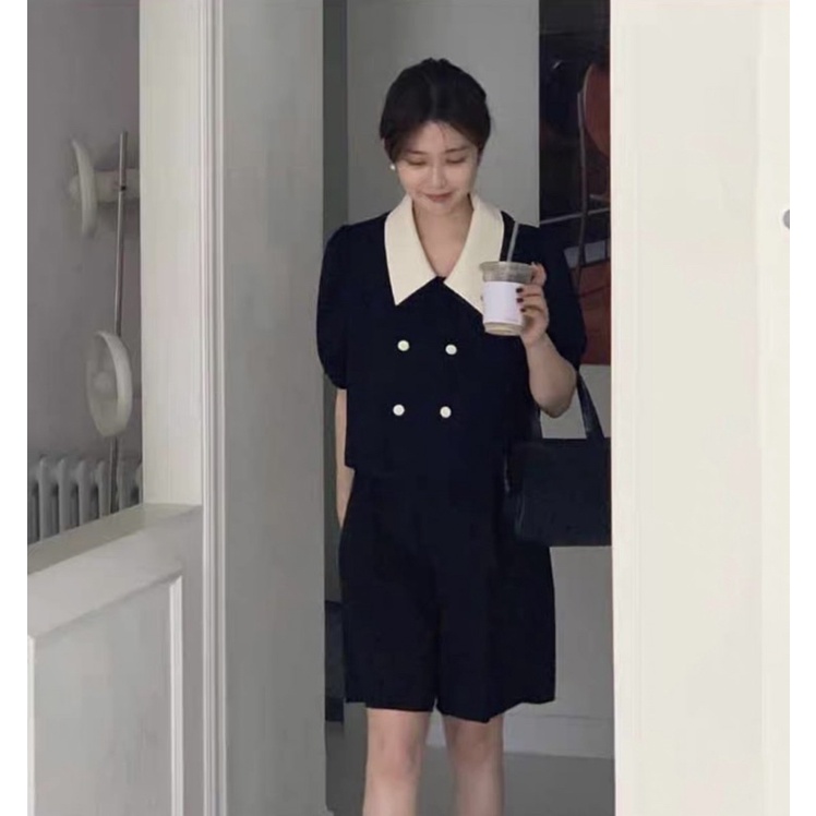 Áo suông tím than phối cổ trắng Hàn Quốc