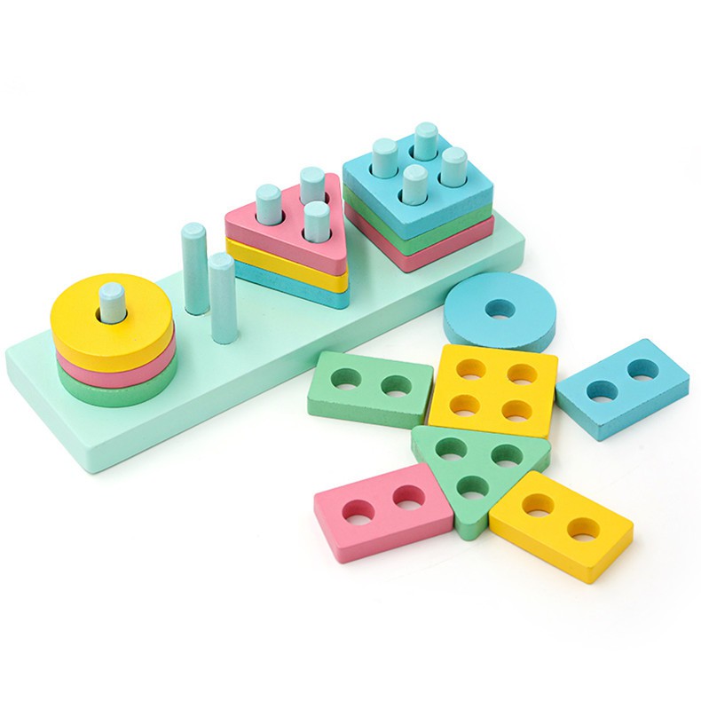 Đồ chơi gỗ Montessori  thả hình 4 coc cho bé phát triển kỹ năng cơ bản