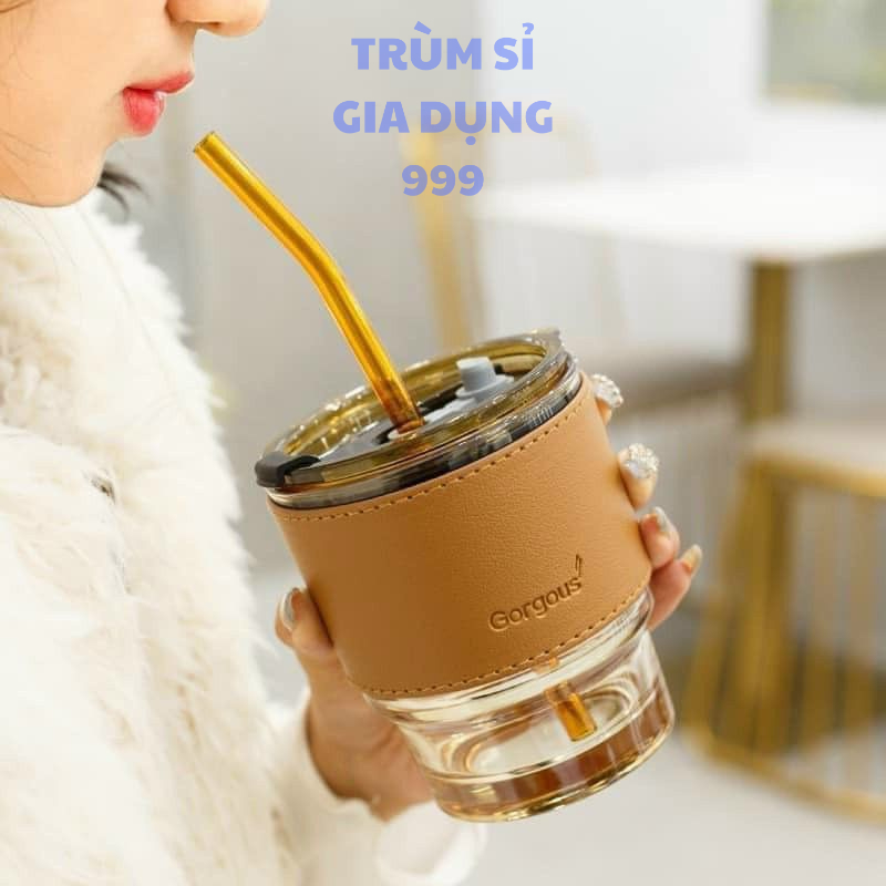 Cốc Thủy Tinh Màu Hổ Phách Bọc Da Cao Cấp 450ML, Cốc thủy tinh có nắp đậy kèm ống hút sang chảnh 400ml, Ly thủy tinh