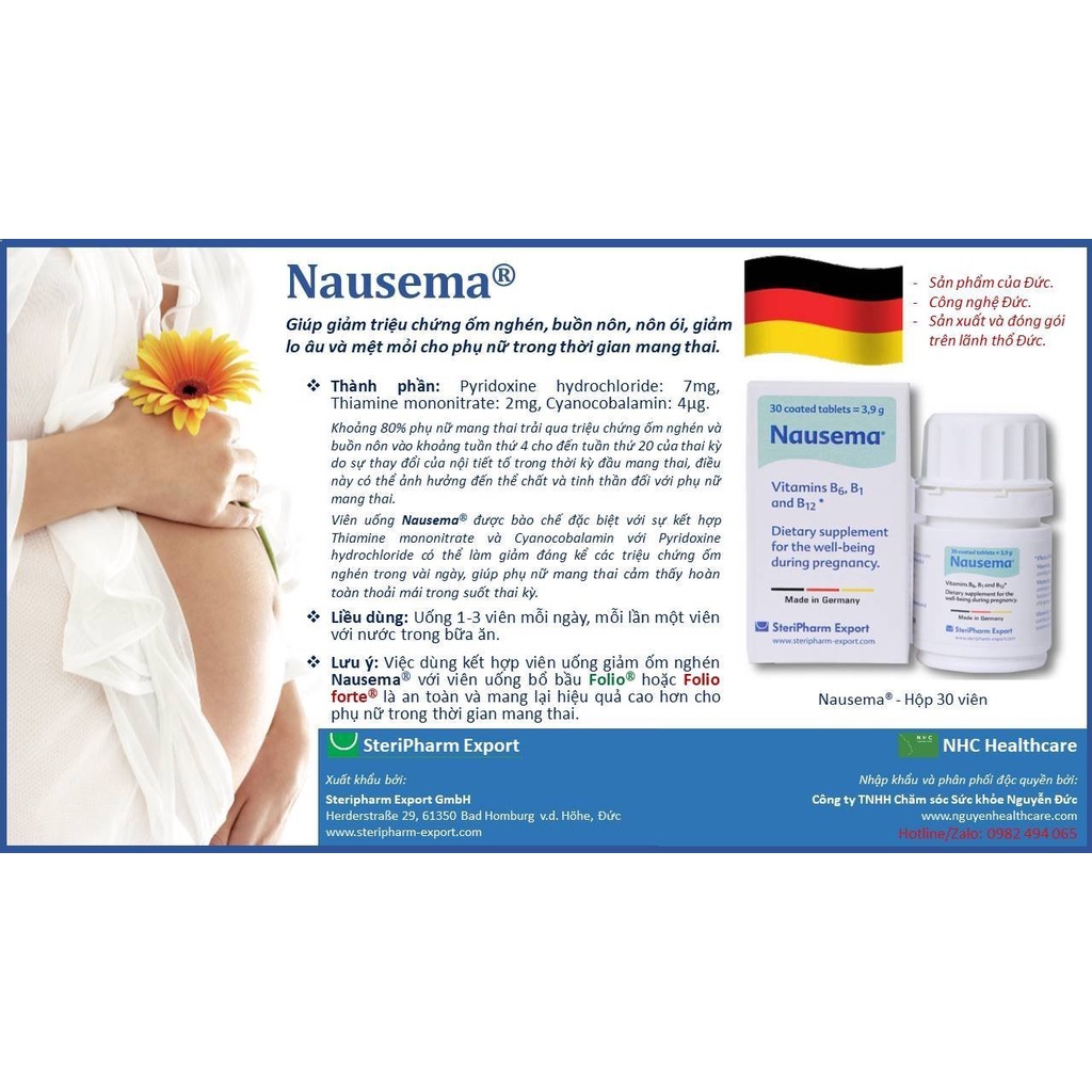 Nausema viên uống chống ốm nghén, tạo máu, giảm chóng mặt lo âu cho mẹ bầu - Hộp 30 viên
