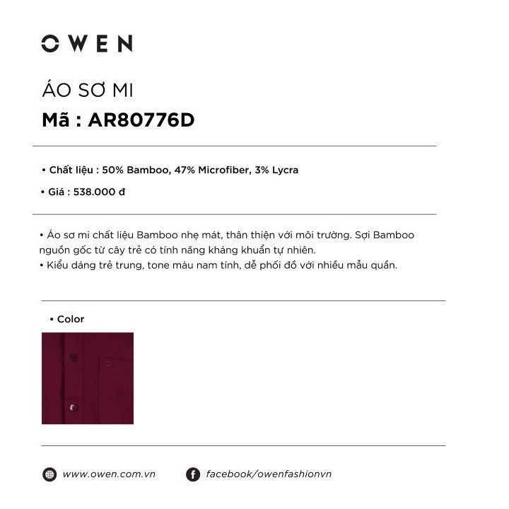 OWEN - Áo sơ mi dài tay Owen màu đỏ AR 80776 - Hàng chính hãng