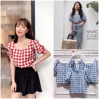 Áo kẻ cổ vuông caro 2 màu