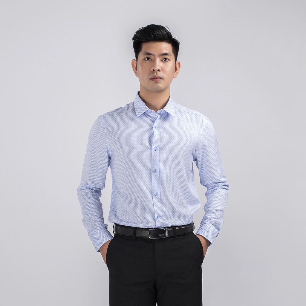 Áo sơ mi công sở nam dài tay Aristino màu xanh nhạt dệt xếp dọc dáng slim fit lượn tà chất liệu sợi sồi cao cấp ALS05308