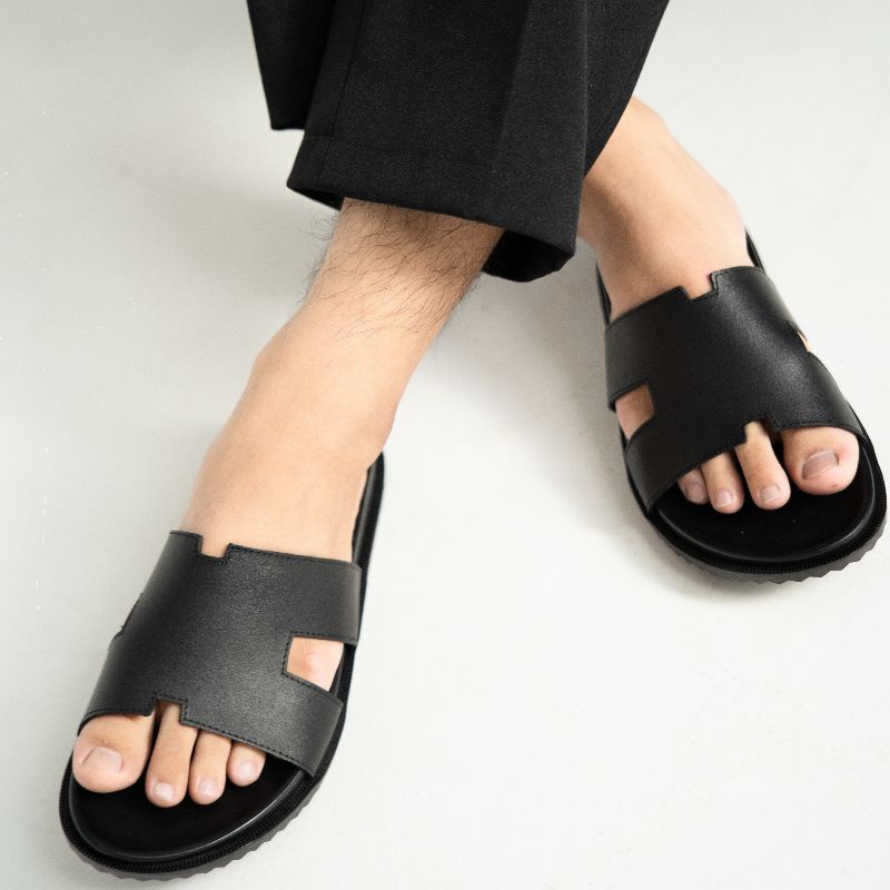 Dép da nam nữ couple , dép quai ngang chữ H da bò cao cấp thương hiệu HORSE đế cao su non - H ĐEN01