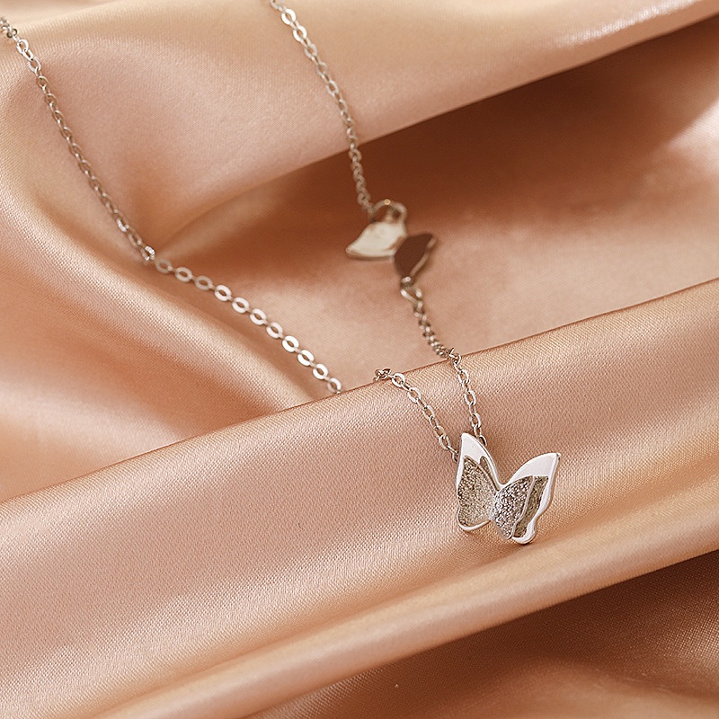 Vòng cổ Hai Lớp Họa Tiết Cánh Bướm Màu Bạc Sang Trọng Đơn Giản Cho Nữ